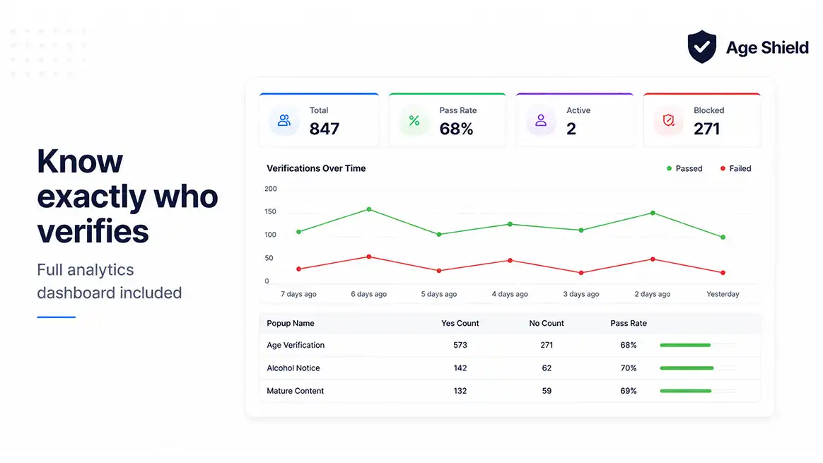 Age Shield analytics dashboard showing verification stats